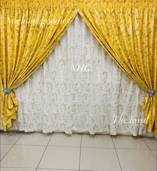 Rice Yellow Velvet Taped curtain and lace